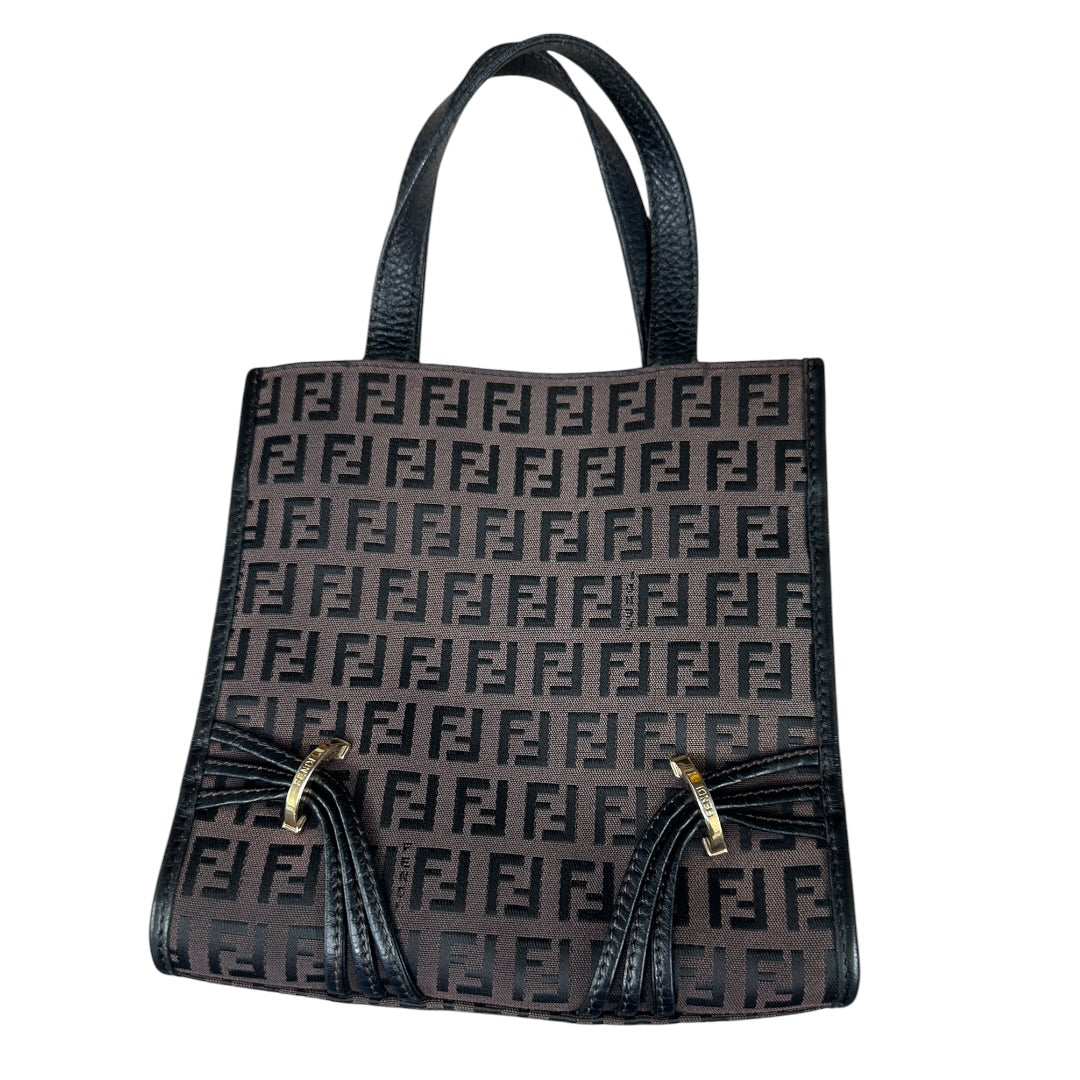 FENDI Zucchino Canvas Tote Handbag Brown Black Gold Hardware | Authentic Pre-Owned Luxury