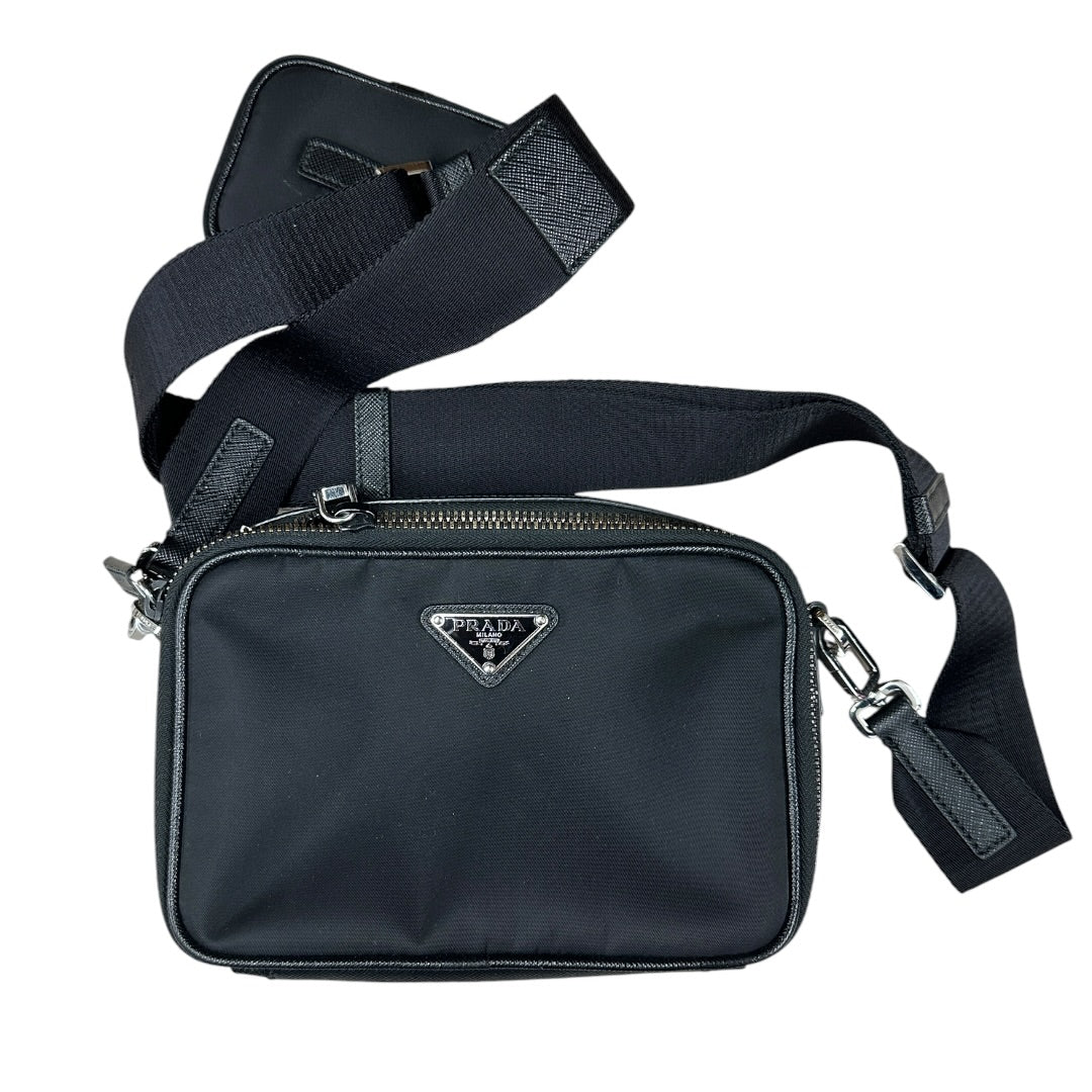 PRADA Re-Nylon Saffiano Leather Crossbody Bag with Mini Pouch Black Silver Hardware | Authentic Pre-Owned Luxury