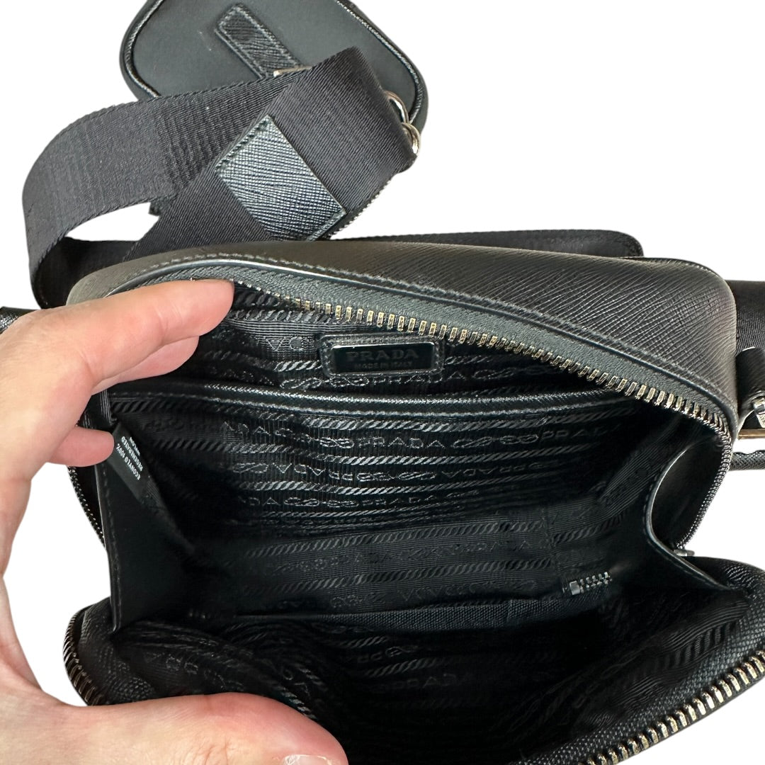 PRADA Re-Nylon Saffiano Leather Crossbody Bag with Mini Pouch Black Silver Hardware | Authentic Pre-Owned Luxury