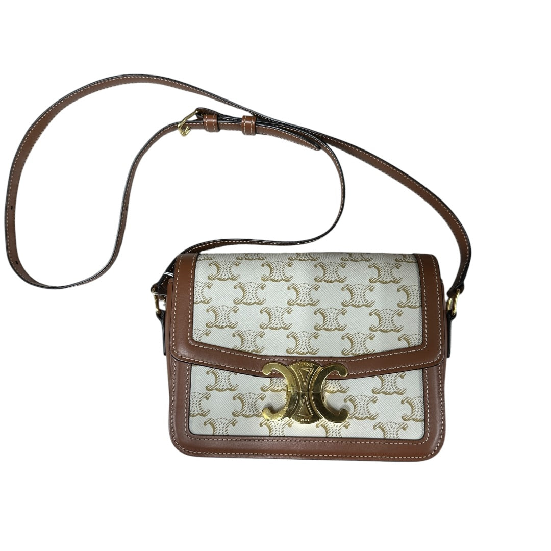 CELINE Triomphe Canvas Teen Triomphe Shoulder Bag White Tan Gold Hardware | Authentic Pre-Owned Luxury