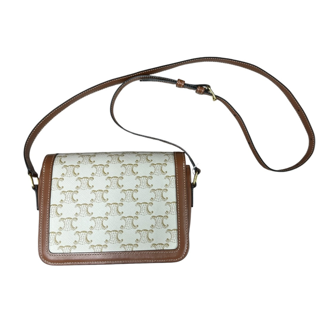 CELINE Triomphe Canvas Teen Triomphe Shoulder Bag White Tan Gold Hardware | Authentic Pre-Owned Luxury