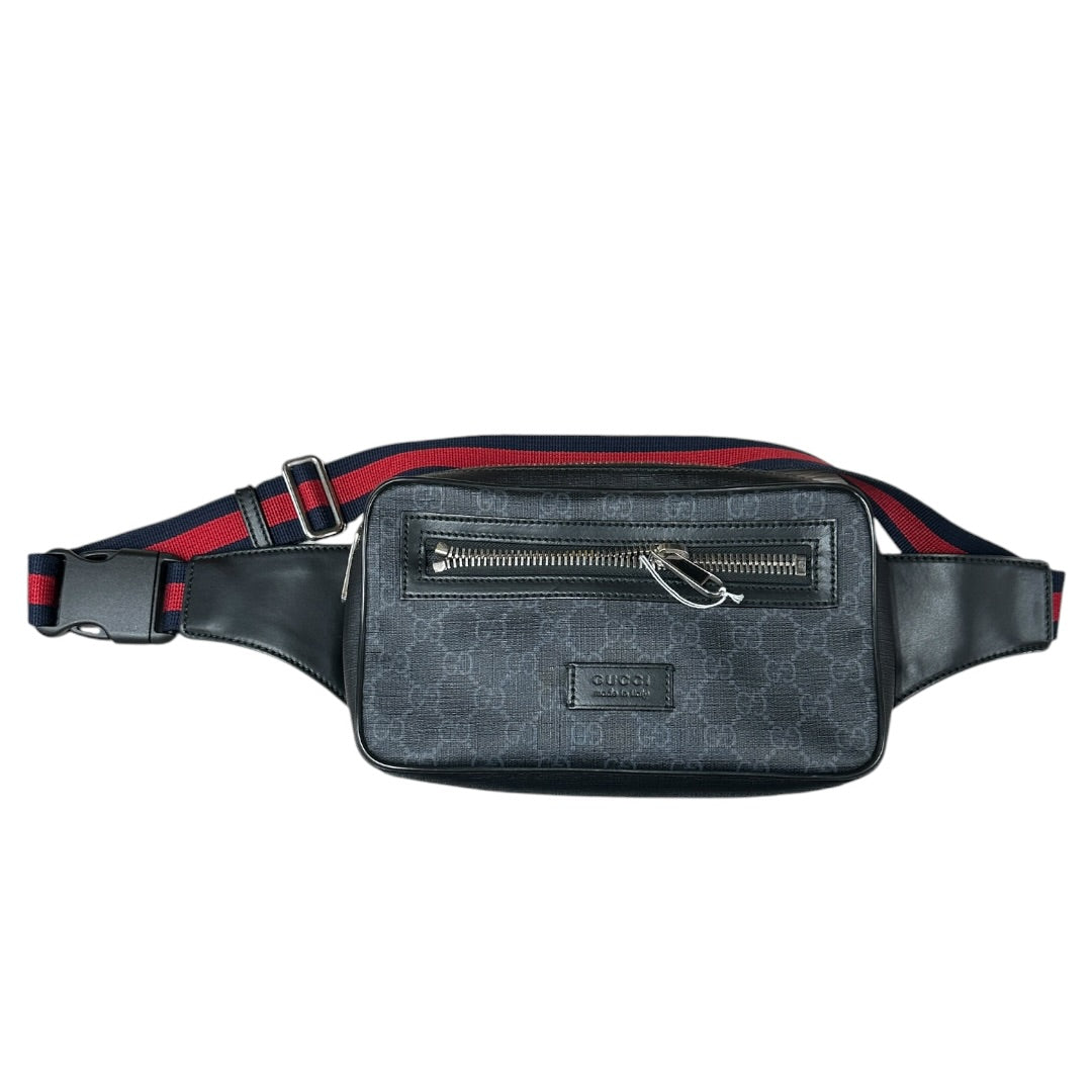 GUCCI GG Supreme Belt Bag Waist Bag Black Web Strap Silver Hardware | Authentic Pre-Owned Luxury