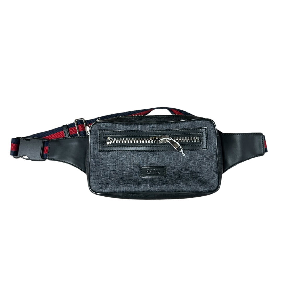 GUCCI GG Supreme Belt Bag Waist Bag Black Web Strap Silver Hardware | Authentic Pre-Owned Luxury
