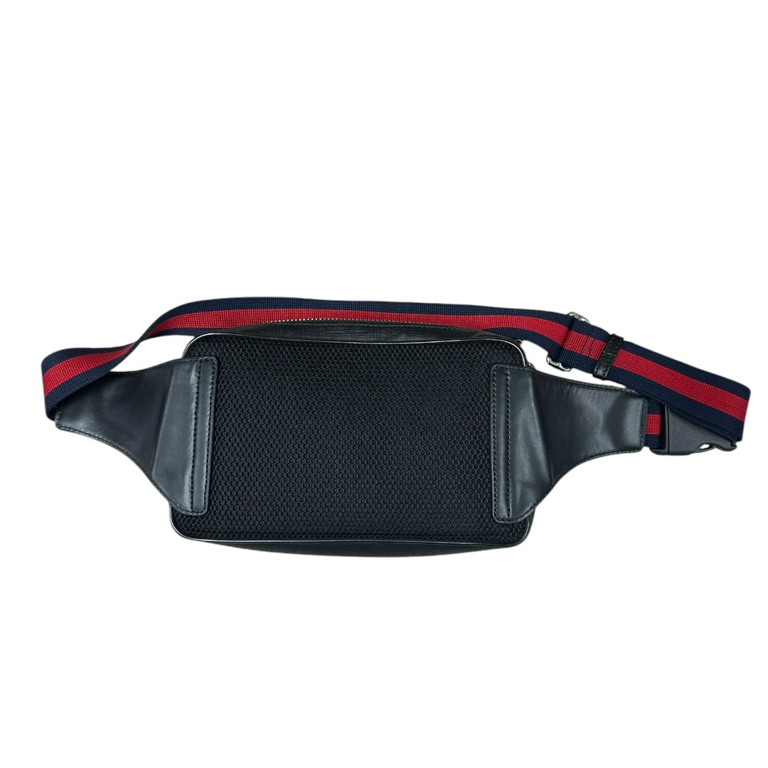 GUCCI GG Supreme Belt Bag Waist Bag Black Web Strap Silver Hardware | Authentic Pre-Owned Luxury
