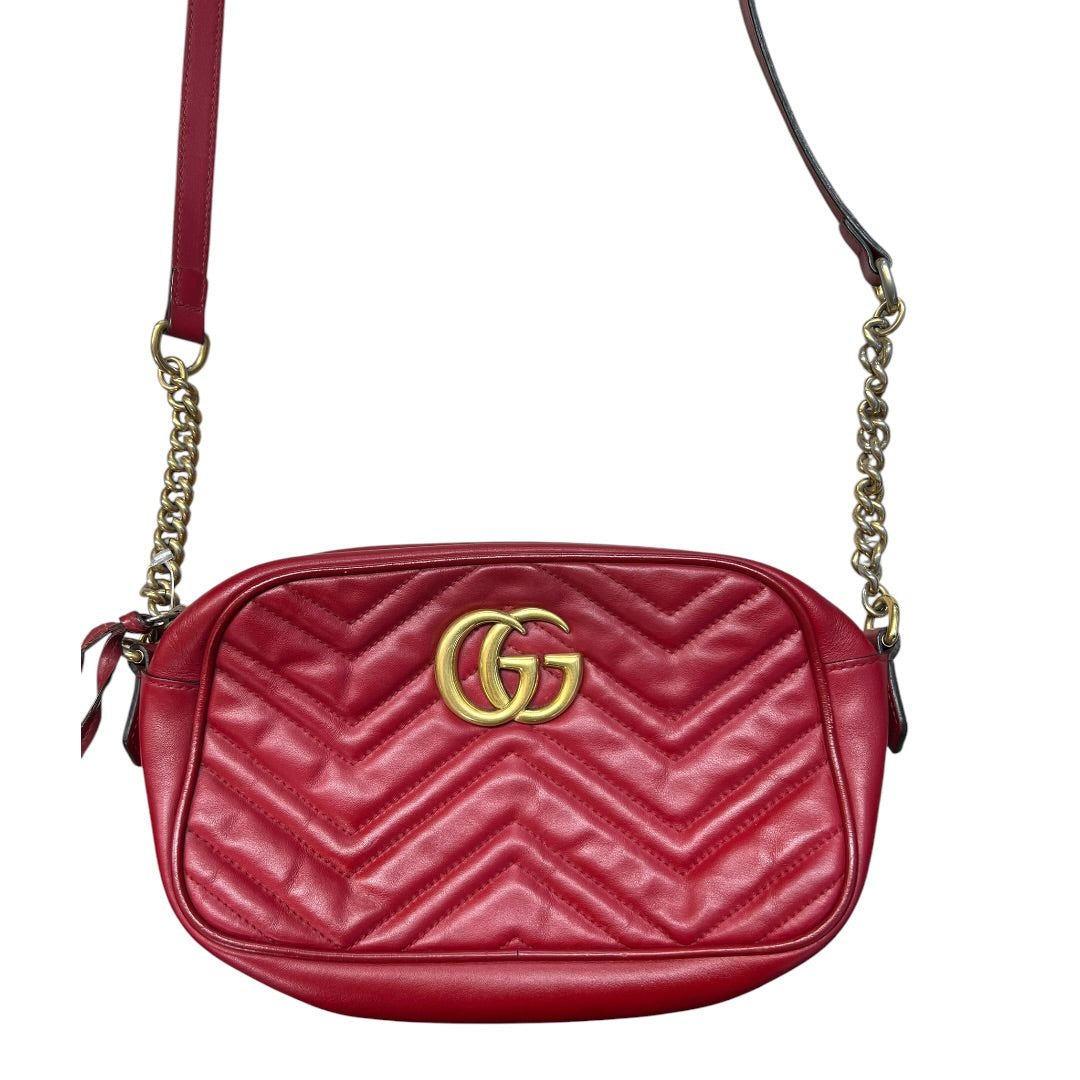 GUCCI Matelasse Leather GG Marmont Small Camera Crossbody Bag Red Gold Hardware | Authentic Pre-Owned Luxury