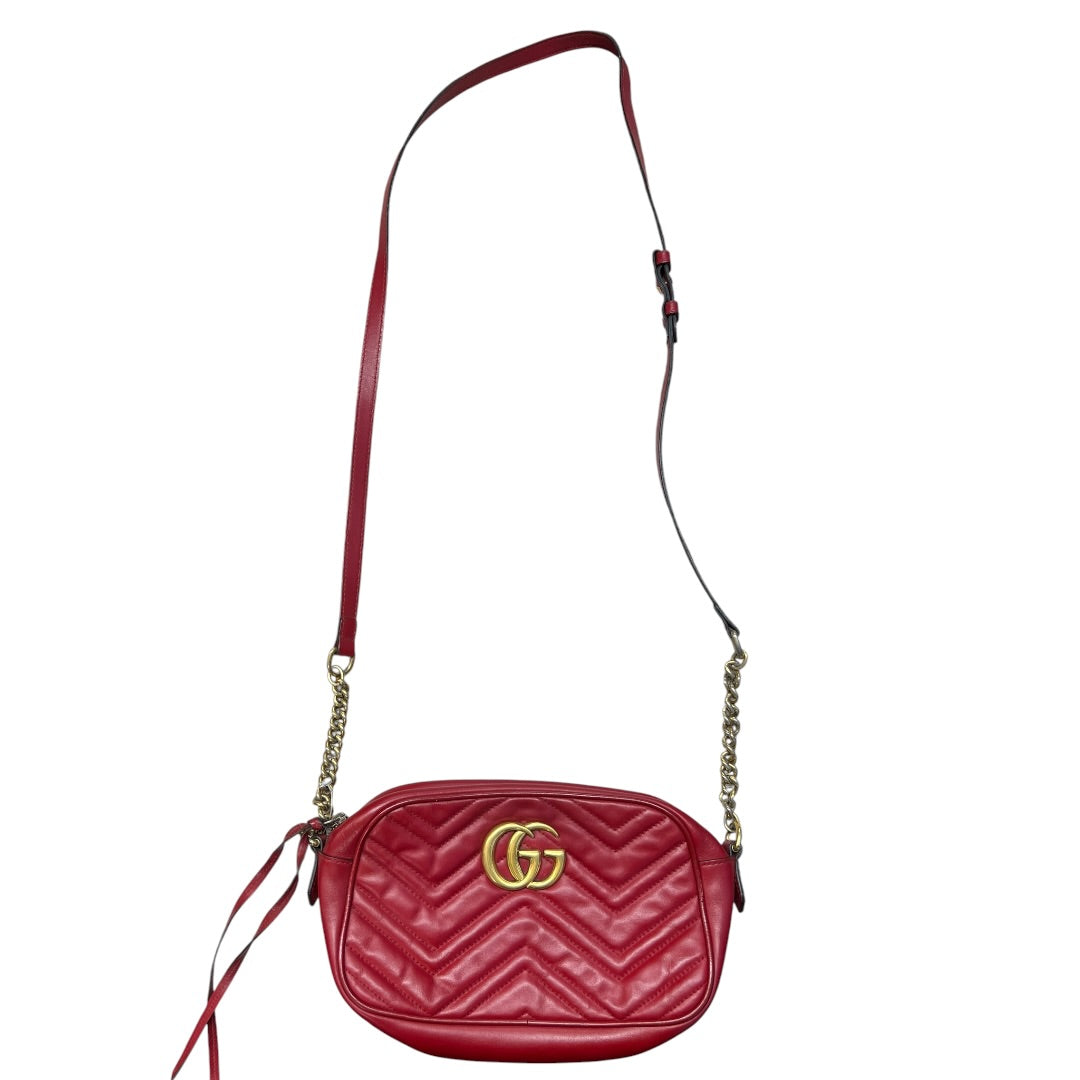 GUCCI Matelasse Leather GG Marmont Small Camera Crossbody Bag Red Gold Hardware | Authentic Pre-Owned Luxury