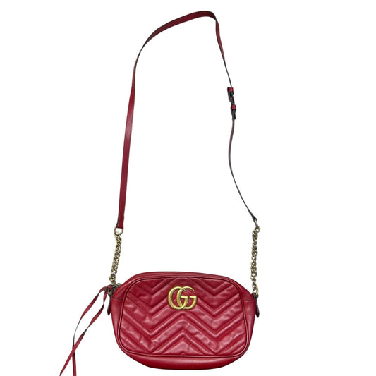 GUCCI Matelasse Leather GG Marmont Small Camera Crossbody Bag Red Gold Hardware | Authentic Pre-Owned Luxury