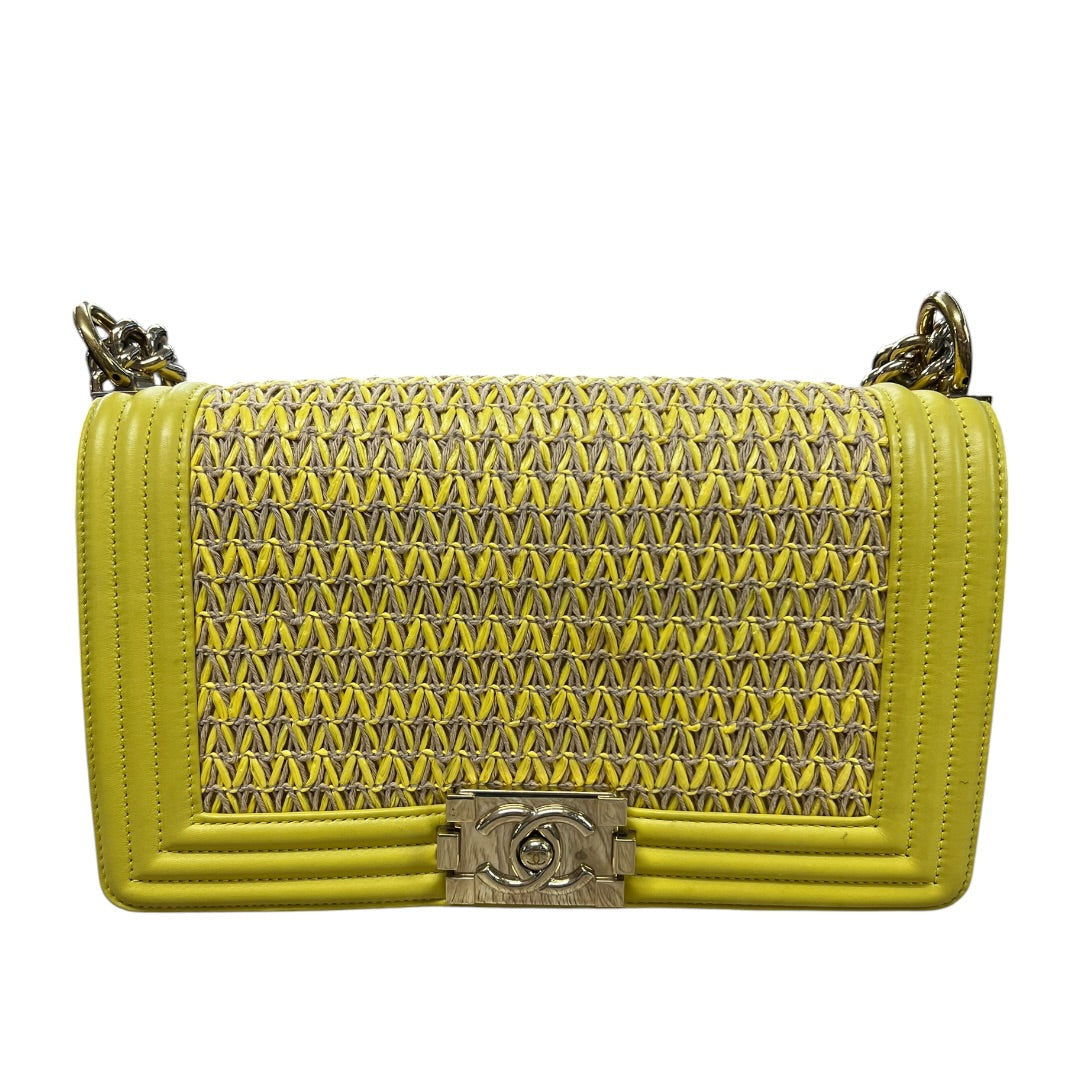 CHANEL Lambskin & Raffia Boy Handbag Yellow Gold Hardware | Authentic Pre-Owned Luxury
