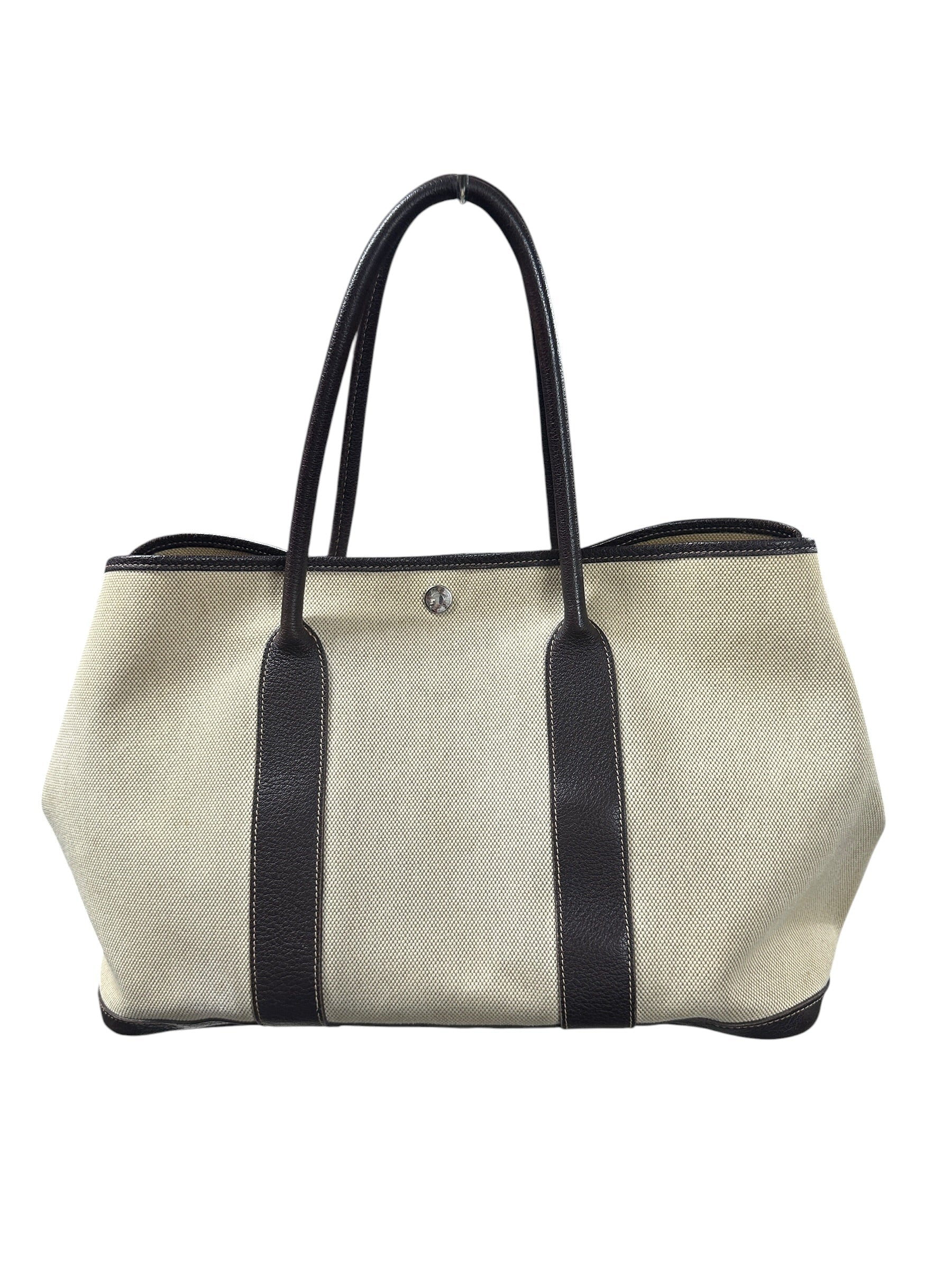 HERMES Toile Garden Party PM 35 Tote Bag Brown Silver Hardware | Authentic Pre-Owned Luxury