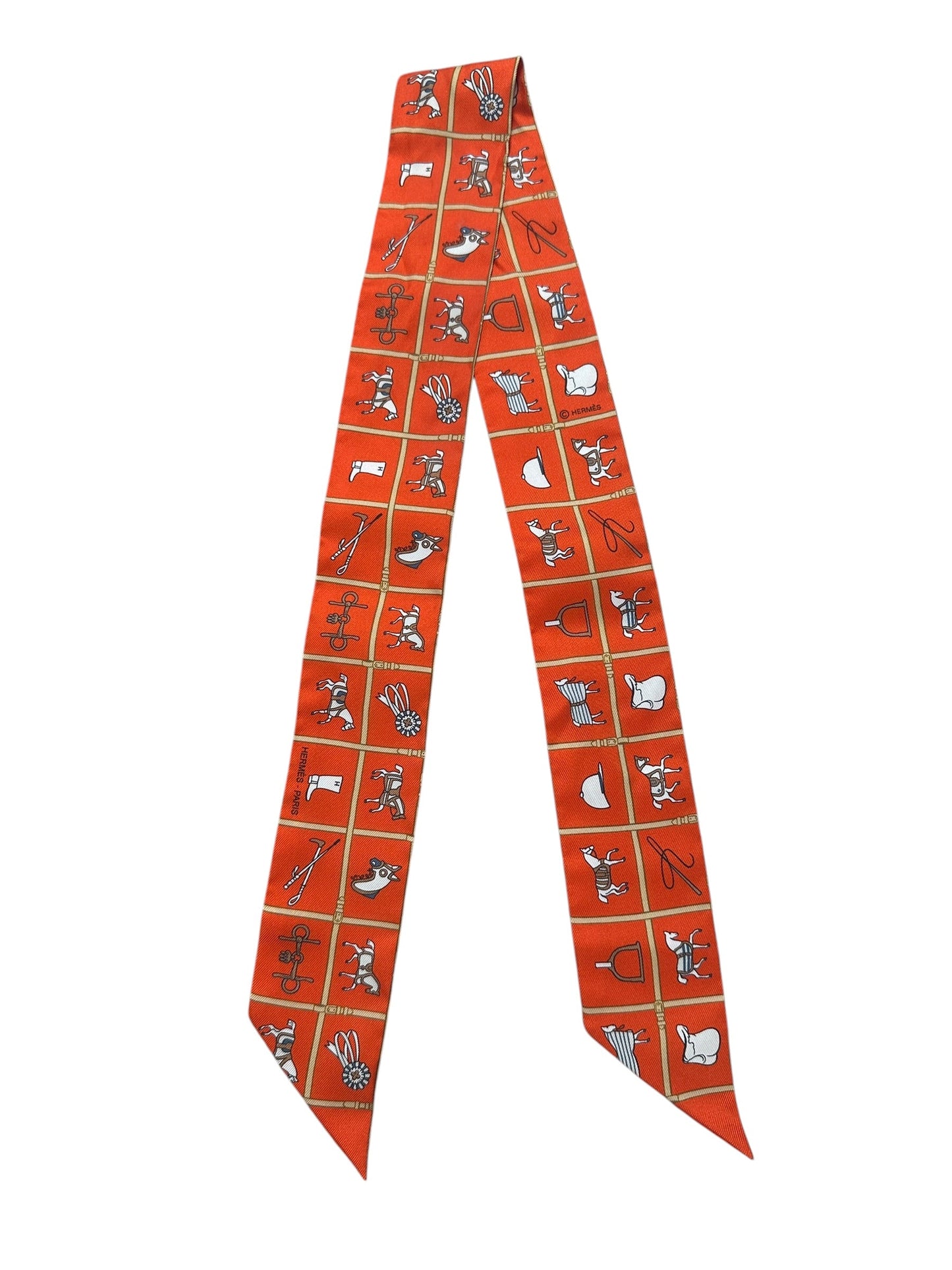 HERMES Silk Twilly Scarf Orange Equestrian Print | Authentic Pre-Owned Luxury
