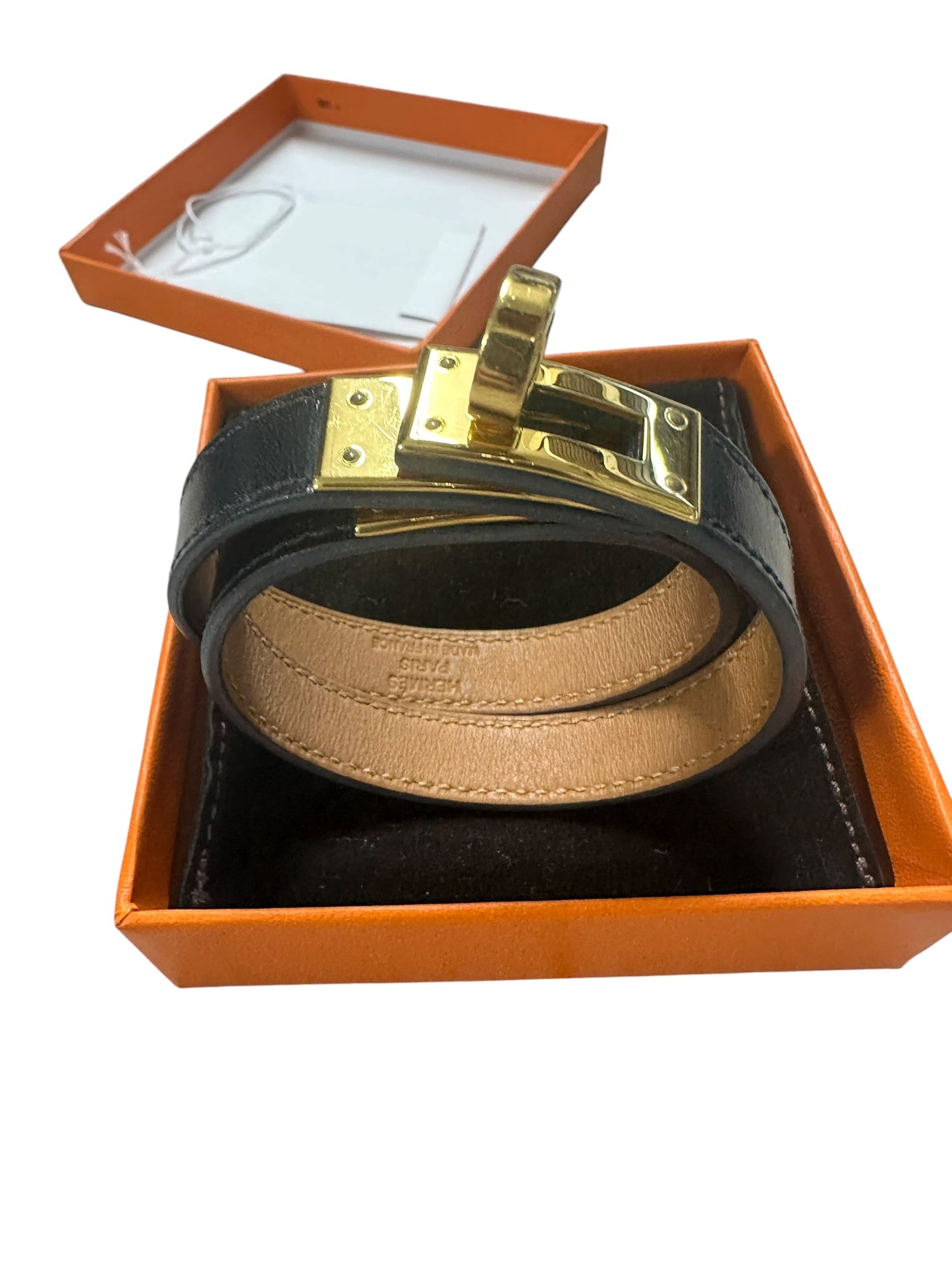 HERMES Leather Kelly Double Tour Bracelet 17cm Black Gold Hardware | Authentic Pre-Owned Luxury