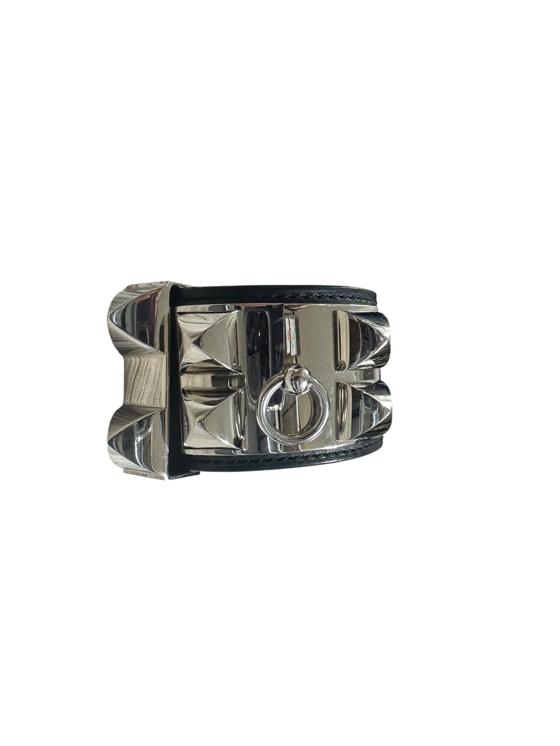 HERMES Leather Collier de Chien CDC Bangle 17cm Black Silver Hardware | Authentic Pre-Owned Luxury