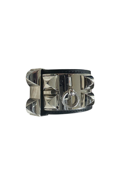 HERMES Leather Collier de Chien CDC Bangle 17cm Black Silver Hardware | Authentic Pre-Owned Luxury