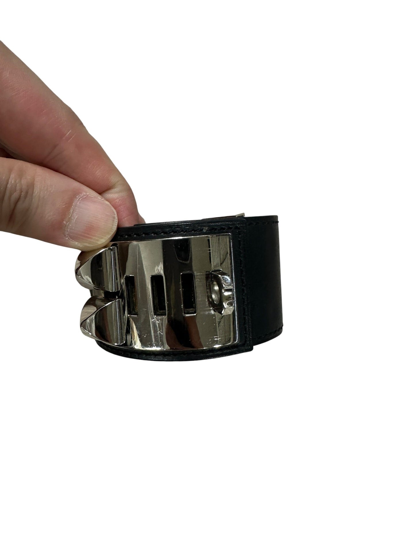 HERMES Leather Collier de Chien CDC Bangle 17cm Black Silver Hardware | Authentic Pre-Owned Luxury