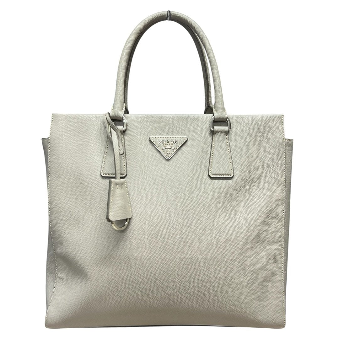 PRADA Saffiano Saffiano Leather Vertical Tote Tote Light Grey Silver Hardware | Authentic Pre-Owned Luxury