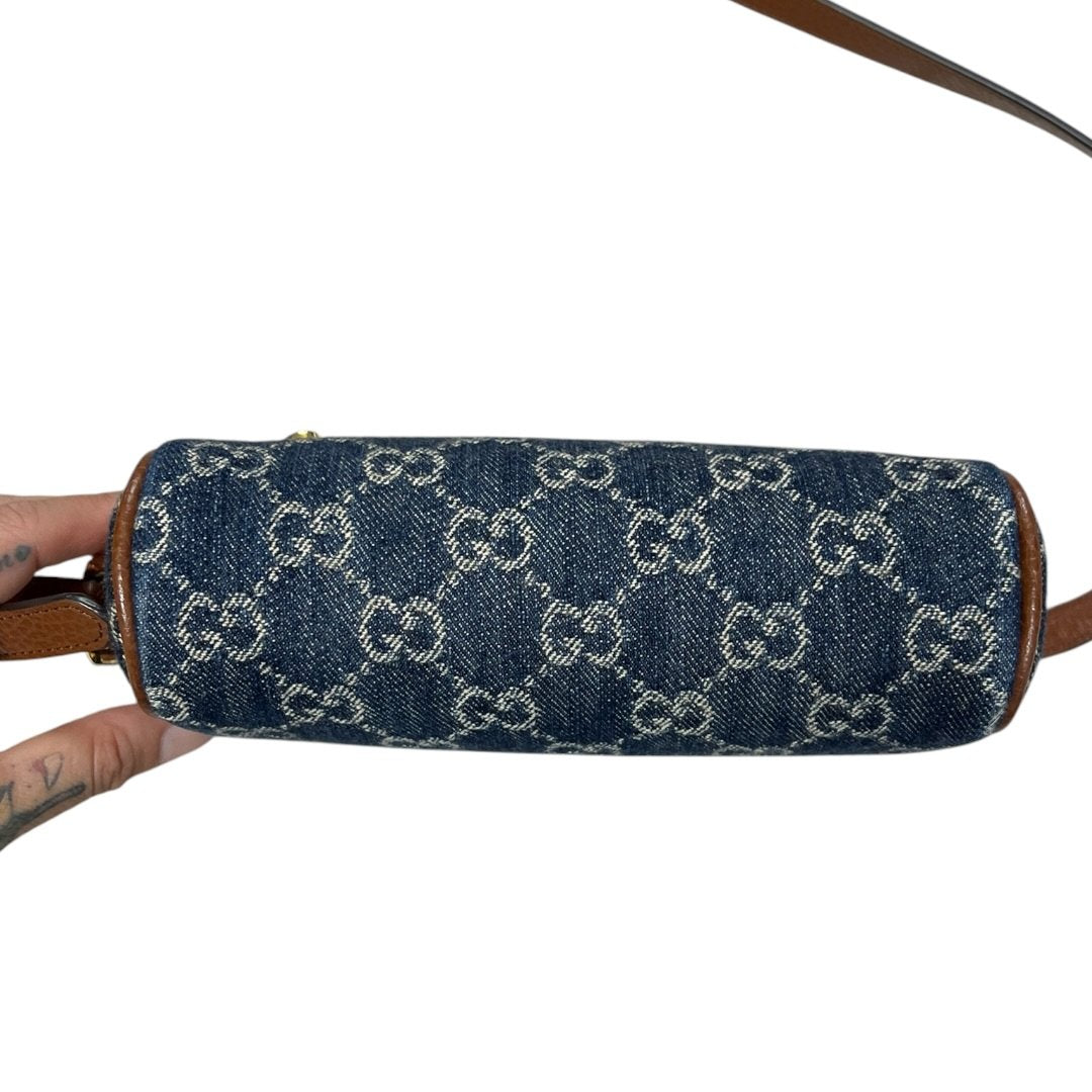 GUCCI Denim, Grained Leather Ophidia GG Small Shoulder Bag Blue, Brown Gold Hardware | Authentic Pre-Owned Luxury