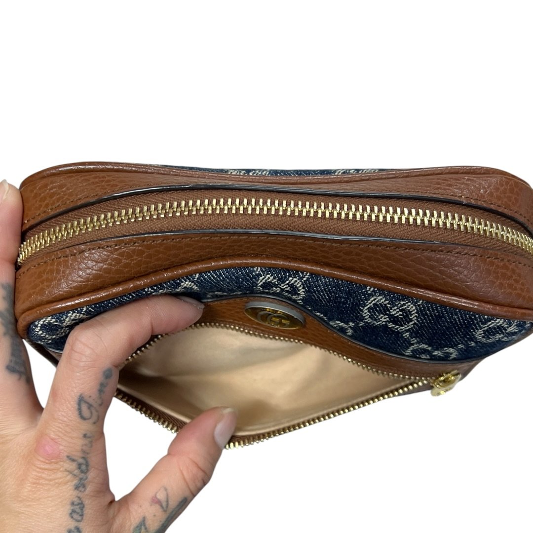 GUCCI Denim, Grained Leather Ophidia GG Small Shoulder Bag Blue, Brown Gold Hardware | Authentic Pre-Owned Luxury