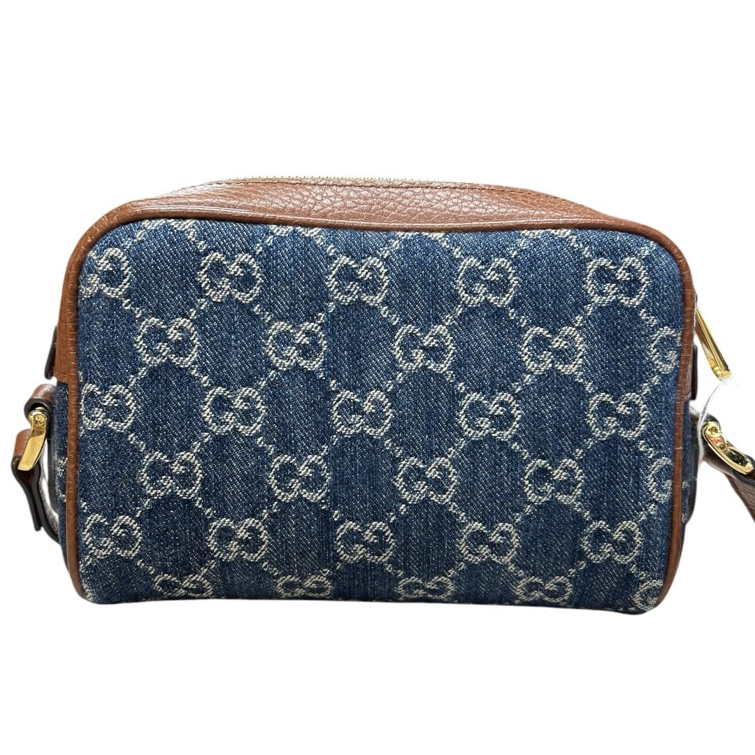 GUCCI Denim, Grained Leather Ophidia GG Small Shoulder Bag Blue, Brown Gold Hardware | Authentic Pre-Owned Luxury