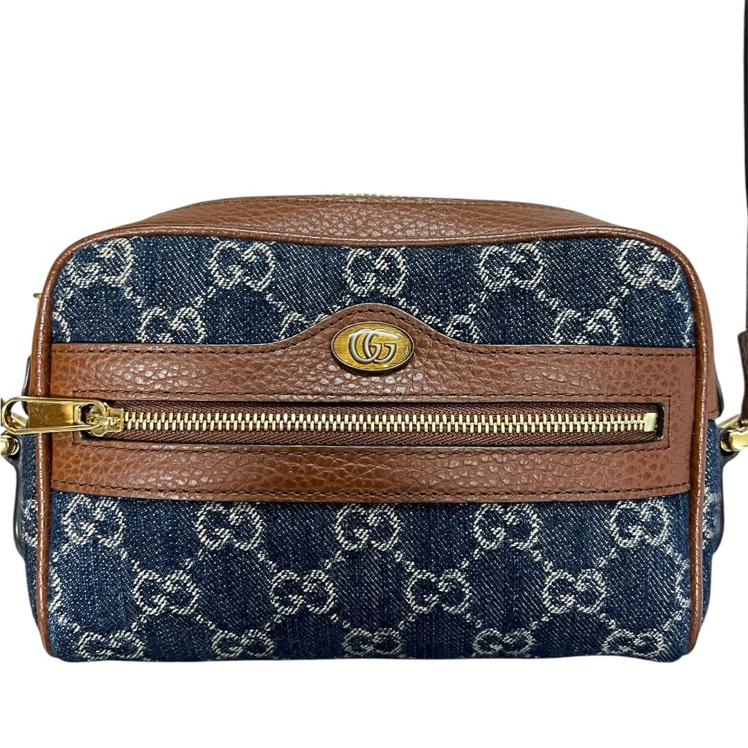 GUCCI Denim, Grained Leather Ophidia GG Small Shoulder Bag Blue, Brown Gold Hardware | Authentic Pre-Owned Luxury