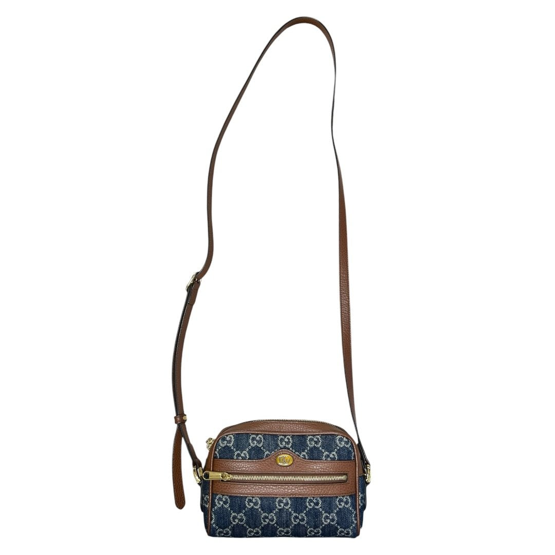GUCCI Denim, Grained Leather Ophidia GG Small Shoulder Bag Blue, Brown Gold Hardware | Authentic Pre-Owned Luxury