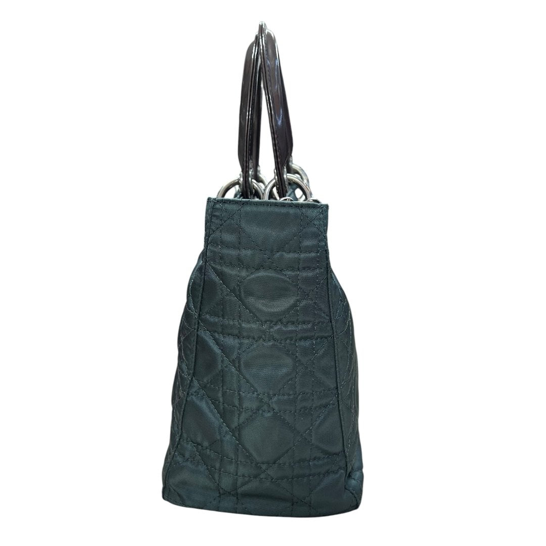 CHRISTIAN DIOR Nylon Lady Dior Handbag Dark Green with Metallic Brown handles Silver Hardware | Authentic Pre-Owned Luxury