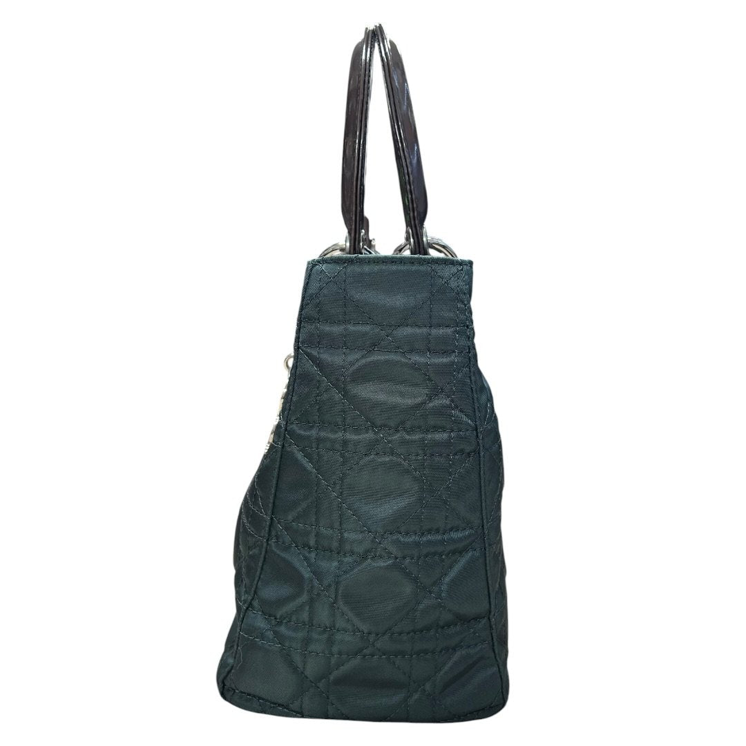 CHRISTIAN DIOR Nylon Lady Dior Handbag Dark Green with Metallic Brown handles Silver Hardware | Authentic Pre-Owned Luxury