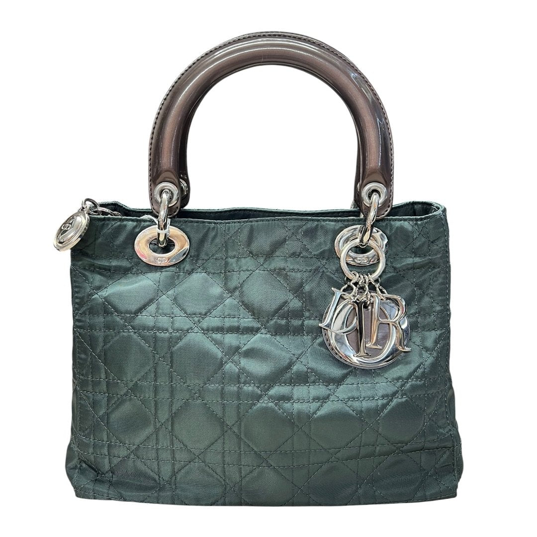 CHRISTIAN DIOR Nylon Lady Dior Handbag Dark Green with Metallic Brown handles Silver Hardware | Authentic Pre-Owned Luxury