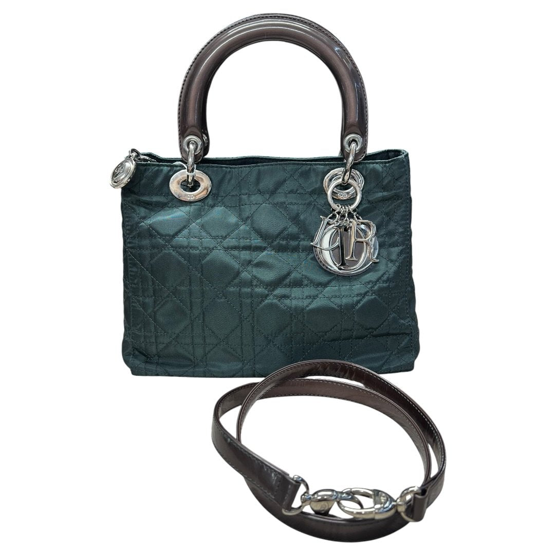 CHRISTIAN DIOR Nylon Lady Dior Handbag Dark Green with Metallic Brown handles Silver Hardware | Authentic Pre-Owned Luxury