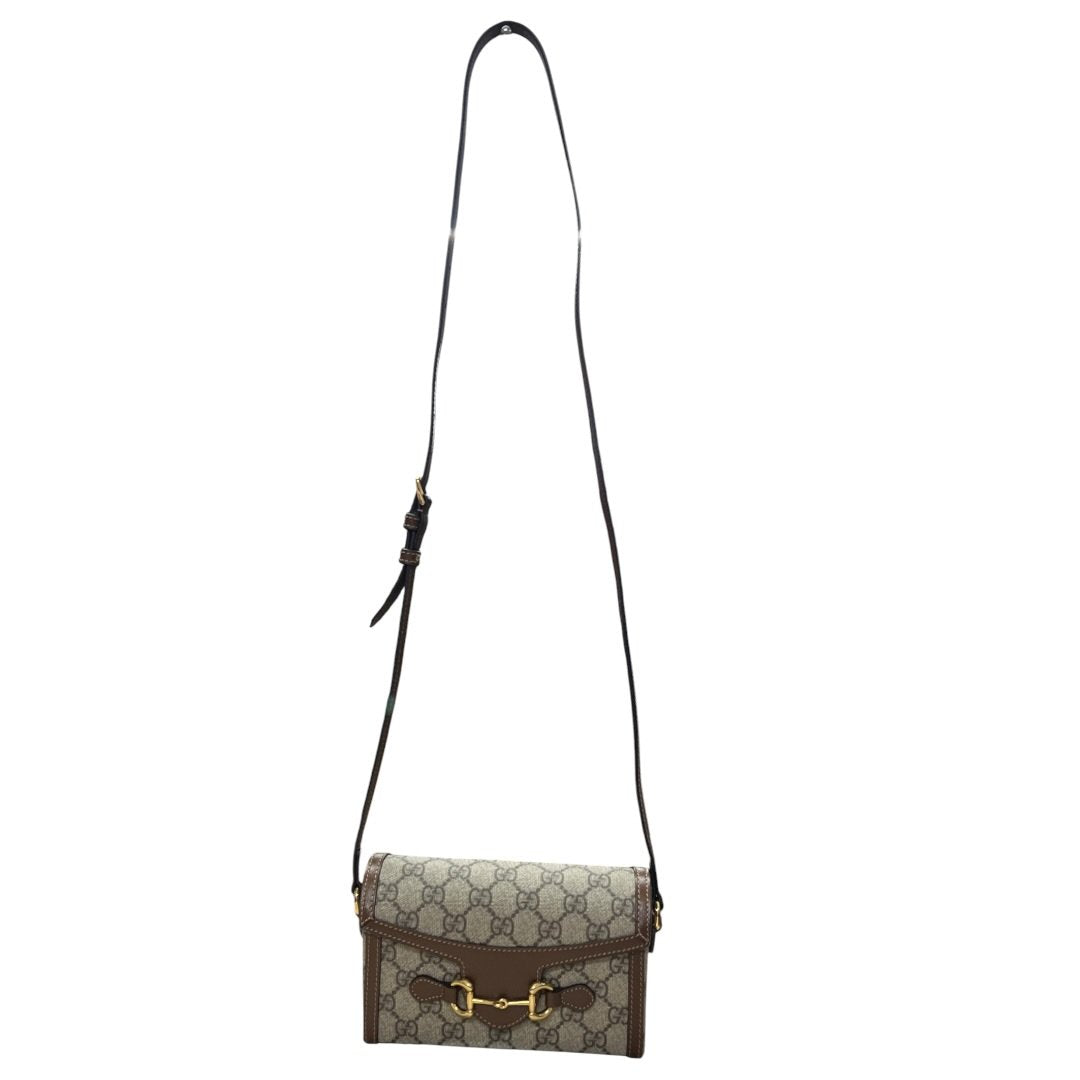 GUCCI GG Supreme Horsebit 1955 Wallet with Chain Shoulder Bag Beige, Ebony, Brown Gold Hardware | Authentic Pre-Owned Luxury