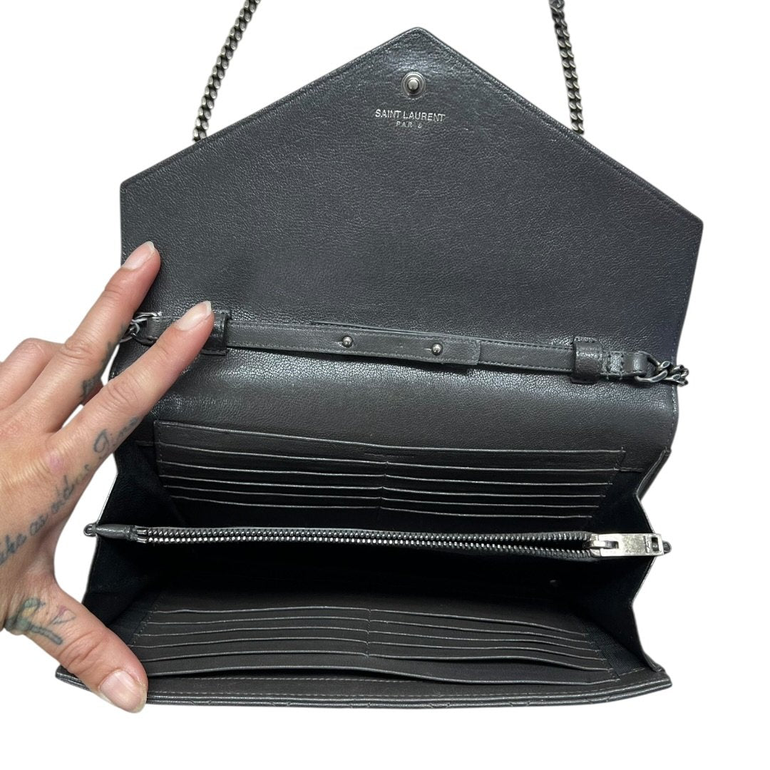 SAINT LAURENT Quilted Grain Leather Monogram Envelope Wallet on Chain Black Silver Hardware | Authentic Pre-Owned Luxury