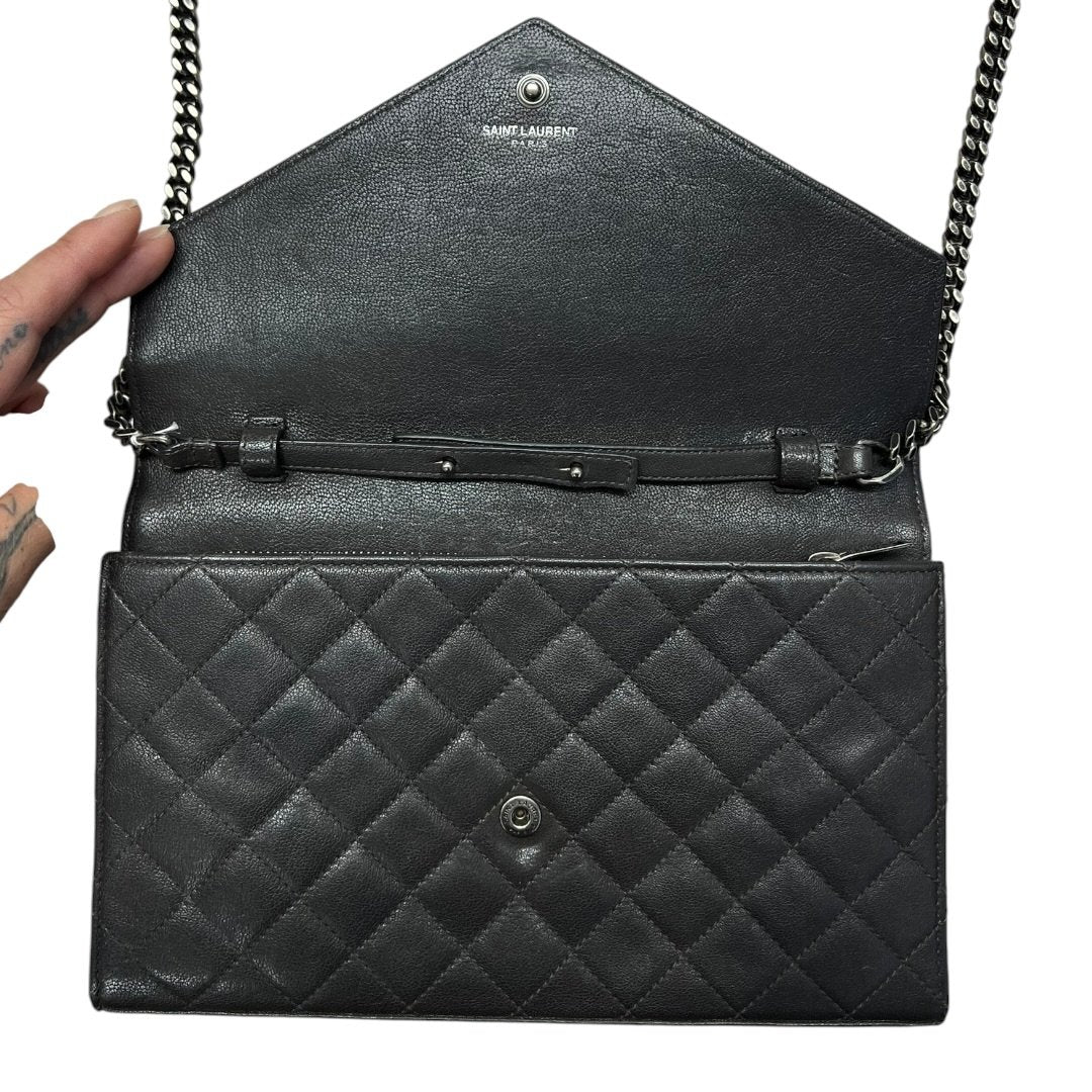 SAINT LAURENT Quilted Grain Leather Monogram Envelope Wallet on Chain Black Silver Hardware | Authentic Pre-Owned Luxury