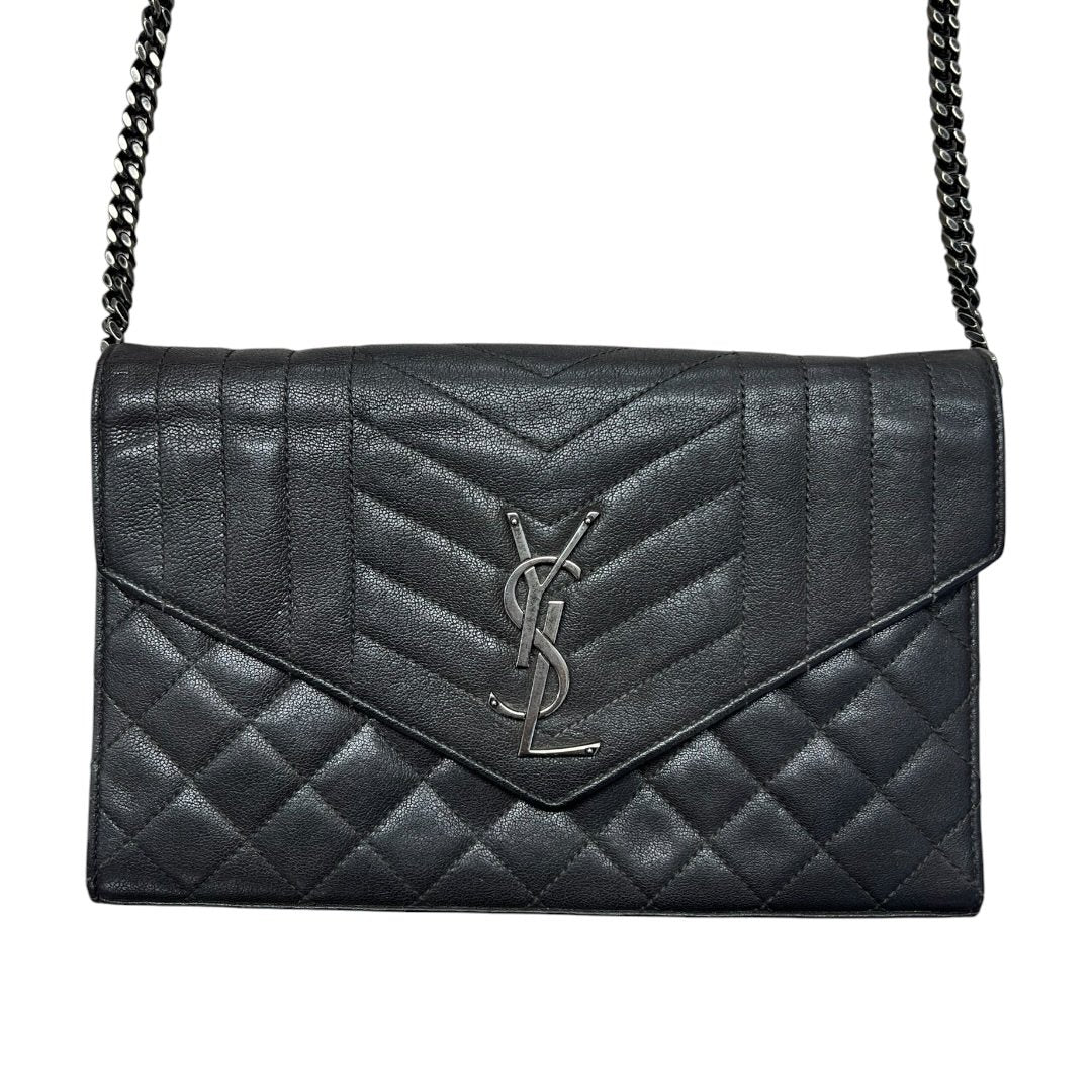 SAINT LAURENT Quilted Grain Leather Monogram Envelope Wallet on Chain Black Silver Hardware | Authentic Pre-Owned Luxury