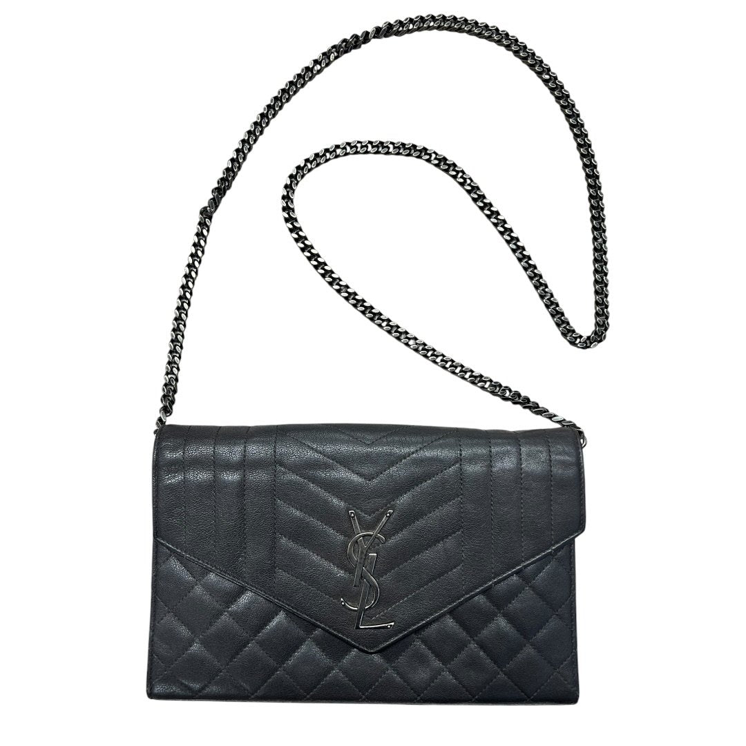 SAINT LAURENT Quilted Grain Leather Monogram Envelope Wallet on Chain Black Silver Hardware | Authentic Pre-Owned Luxury