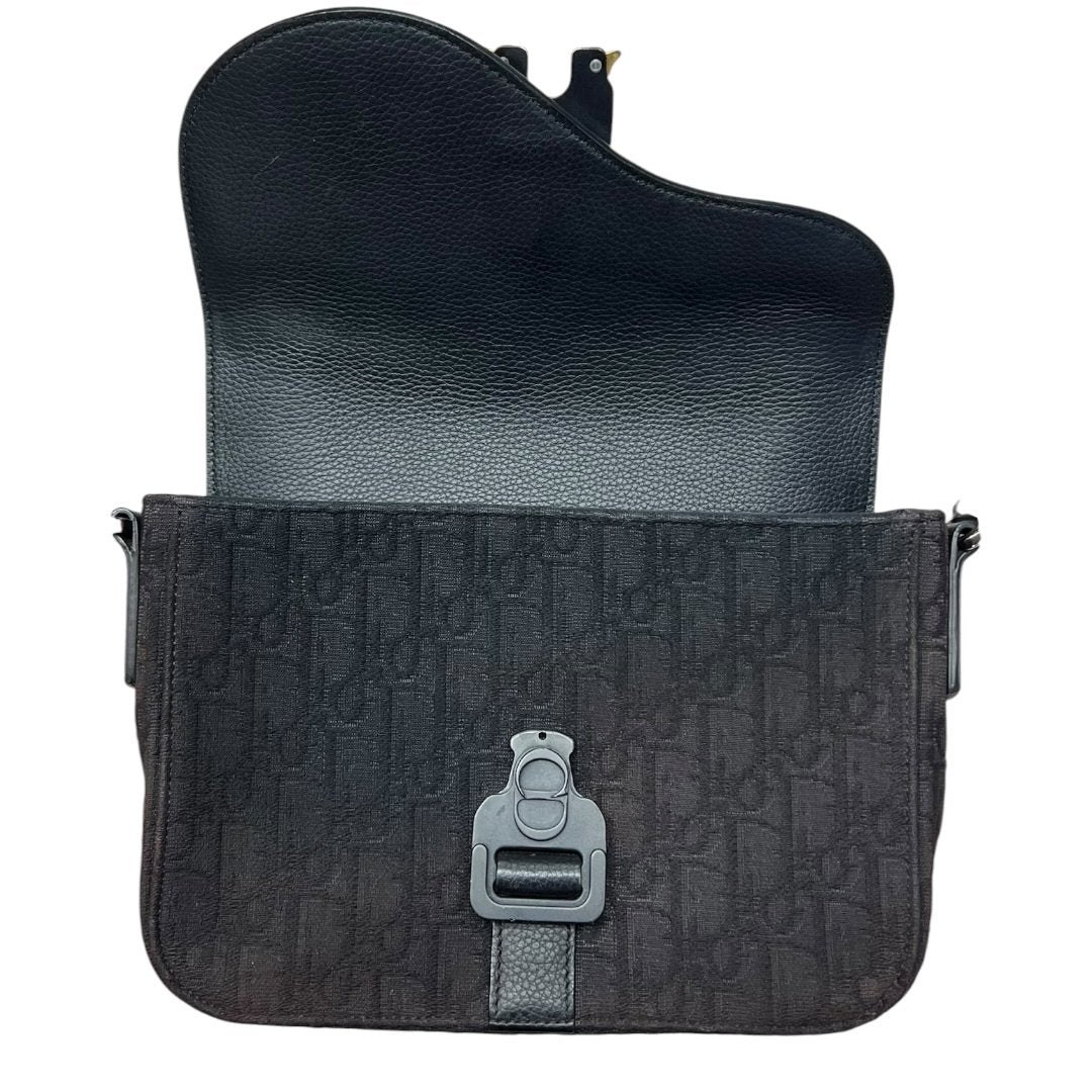 CHRISTIAN DIOR Oblique Canvas & Calfskin Saddle Messenger Bag Shoulder Bag Black Matte Black Metal Hardware with Gold-tone Accents | Authentic Pre-Owned Luxury