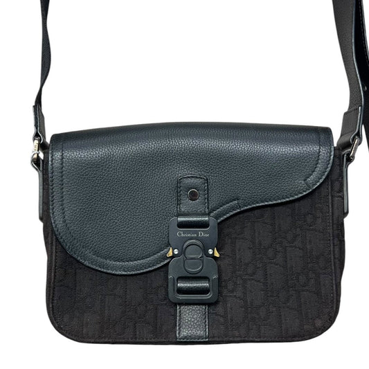 CHRISTIAN DIOR Oblique Canvas & Calfskin Saddle Messenger Bag Shoulder Bag Black Matte Black Metal Hardware with Gold-tone Accents | Authentic Pre-Owned Luxury