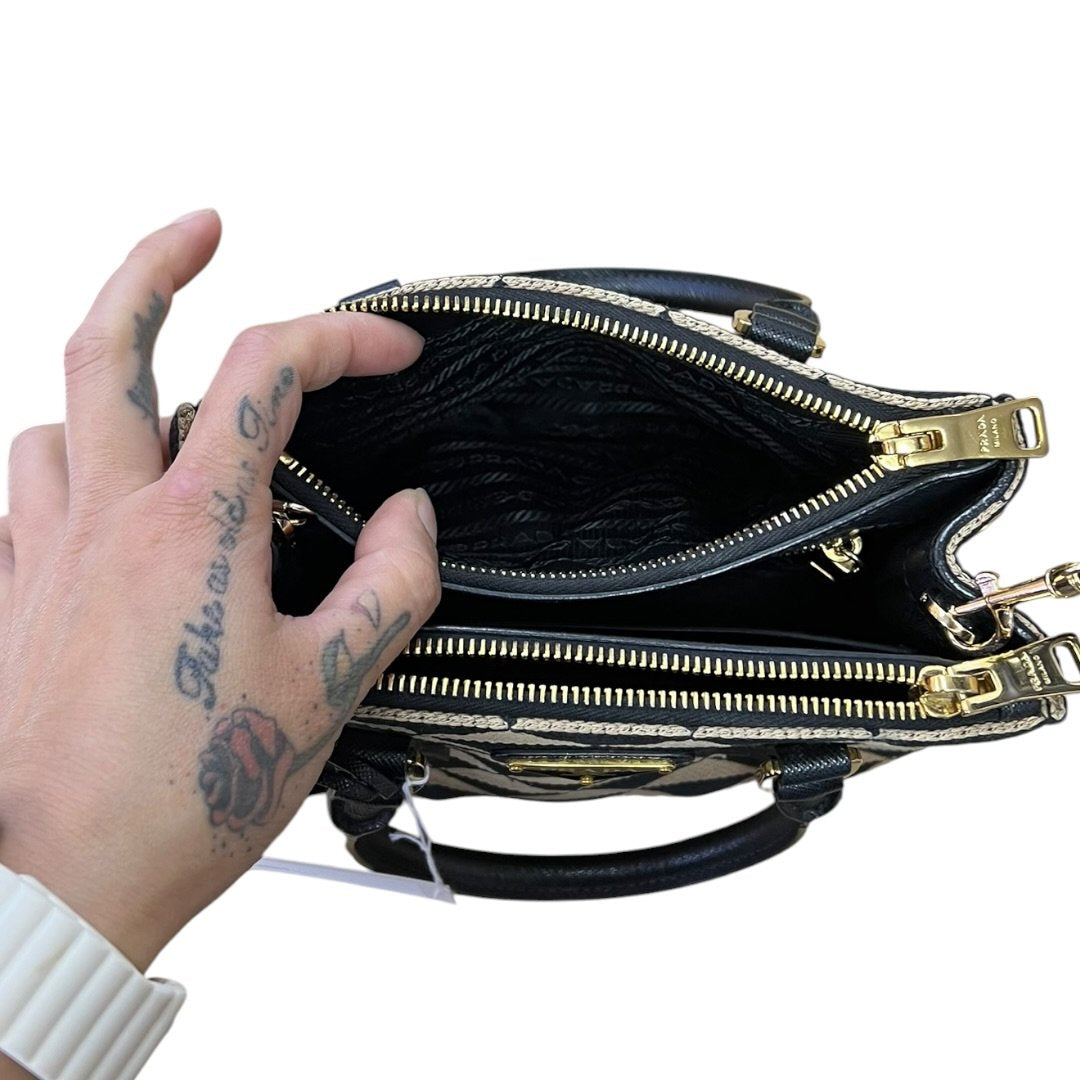 PRADA Jacquard Triangle Symbole Jacquard Triangle Mini Tote Handbag Black and Beige Gold Hardware | Authentic Pre-Owned Luxury