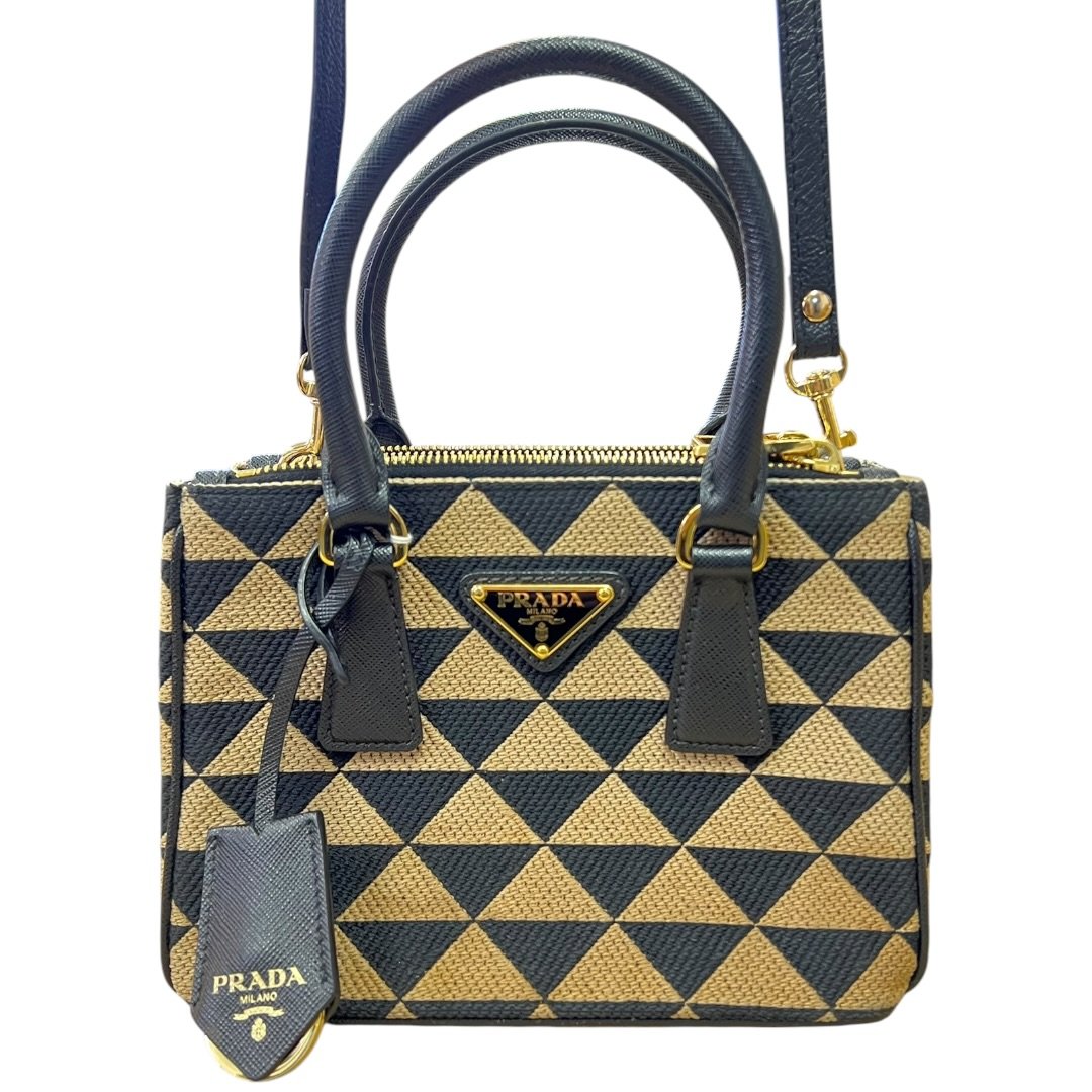 PRADA Jacquard Triangle Symbole Jacquard Triangle Mini Tote Handbag Black and Beige Gold Hardware | Authentic Pre-Owned Luxury