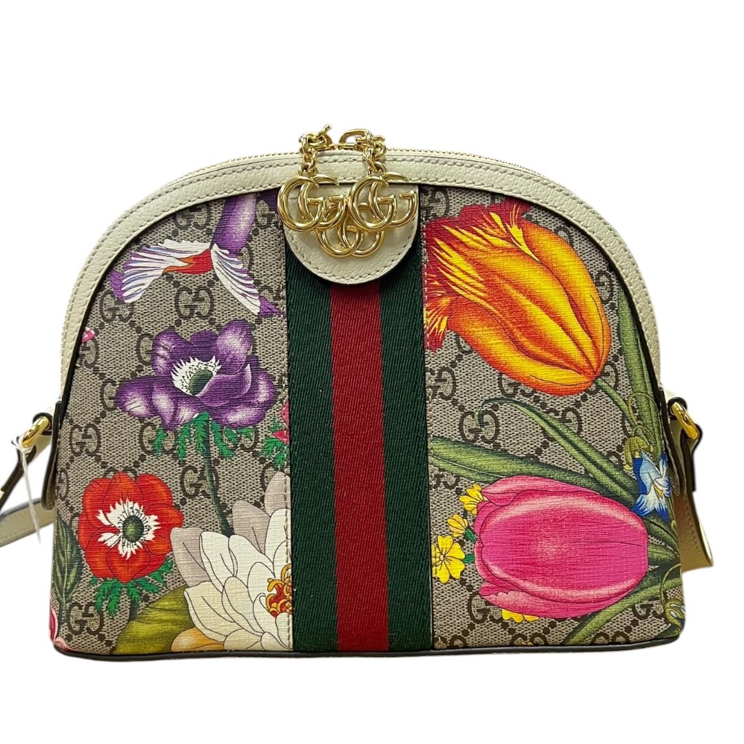 GUCCI GG Flora Canvas Ophidia GG Flora Small Shoulder Bag, Beige/Ebony (canvas) with Multicolor Floral Print and Cream/Off-white Leather Trim, Gold Hardware, | Authentic Pre-Owned Luxury