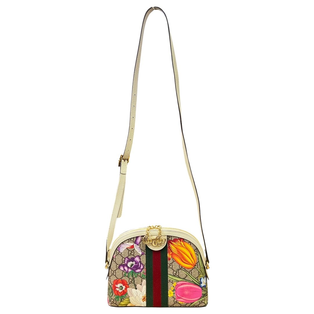GUCCI GG Flora Canvas Ophidia GG Flora Small Shoulder Bag, Beige/Ebony (canvas) with Multicolor Floral Print and Cream/Off-white Leather Trim, Gold Hardware, | Authentic Pre-Owned Luxury