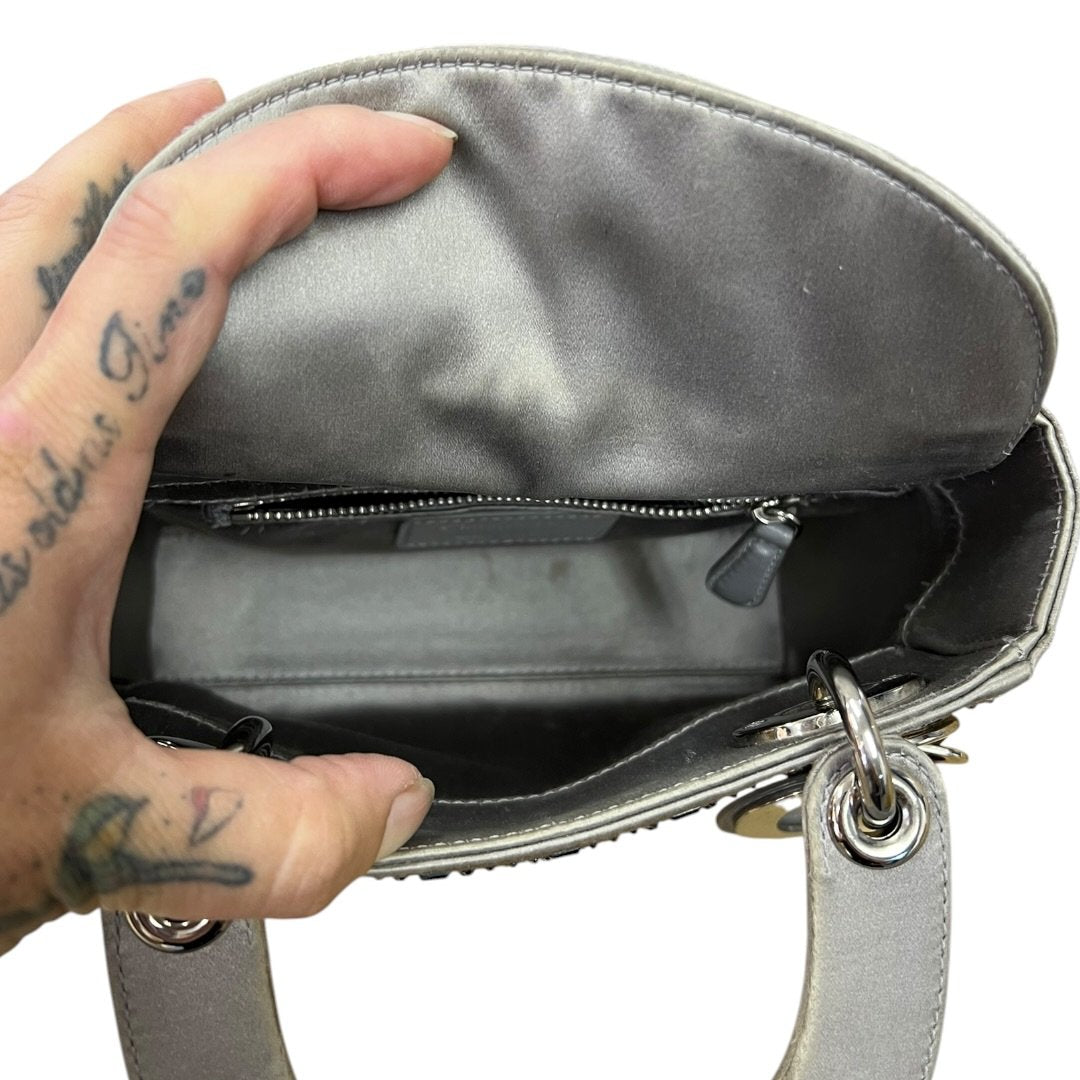 CHRISTIAN DIOR DIOR Embellished Satin Lady Dior Handbag Metallic Grey Silver Hardware | Authentic Pre-Owned Luxury