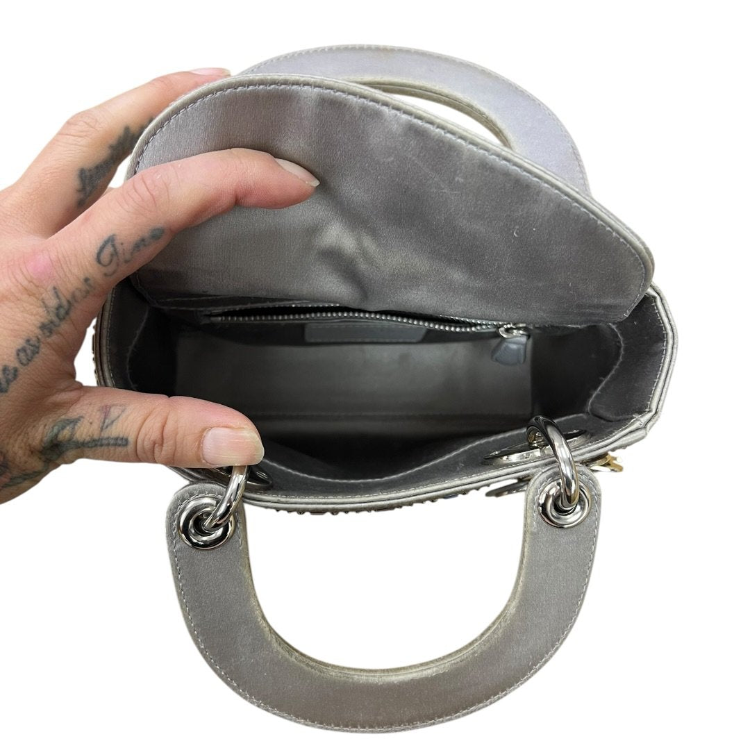 CHRISTIAN DIOR DIOR Embellished Satin Lady Dior Handbag Metallic Grey Silver Hardware | Authentic Pre-Owned Luxury