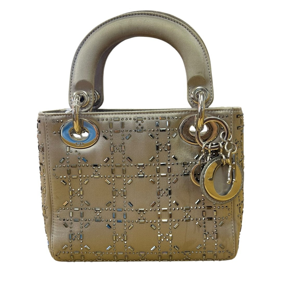 CHRISTIAN DIOR DIOR Embellished Satin Lady Dior Handbag Metallic Grey Silver Hardware | Authentic Pre-Owned Luxury