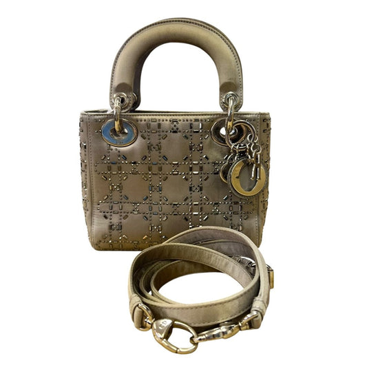 CHRISTIAN DIOR DIOR Embellished Satin Lady Dior Handbag Metallic Grey Silver Hardware | Authentic Pre-Owned Luxury