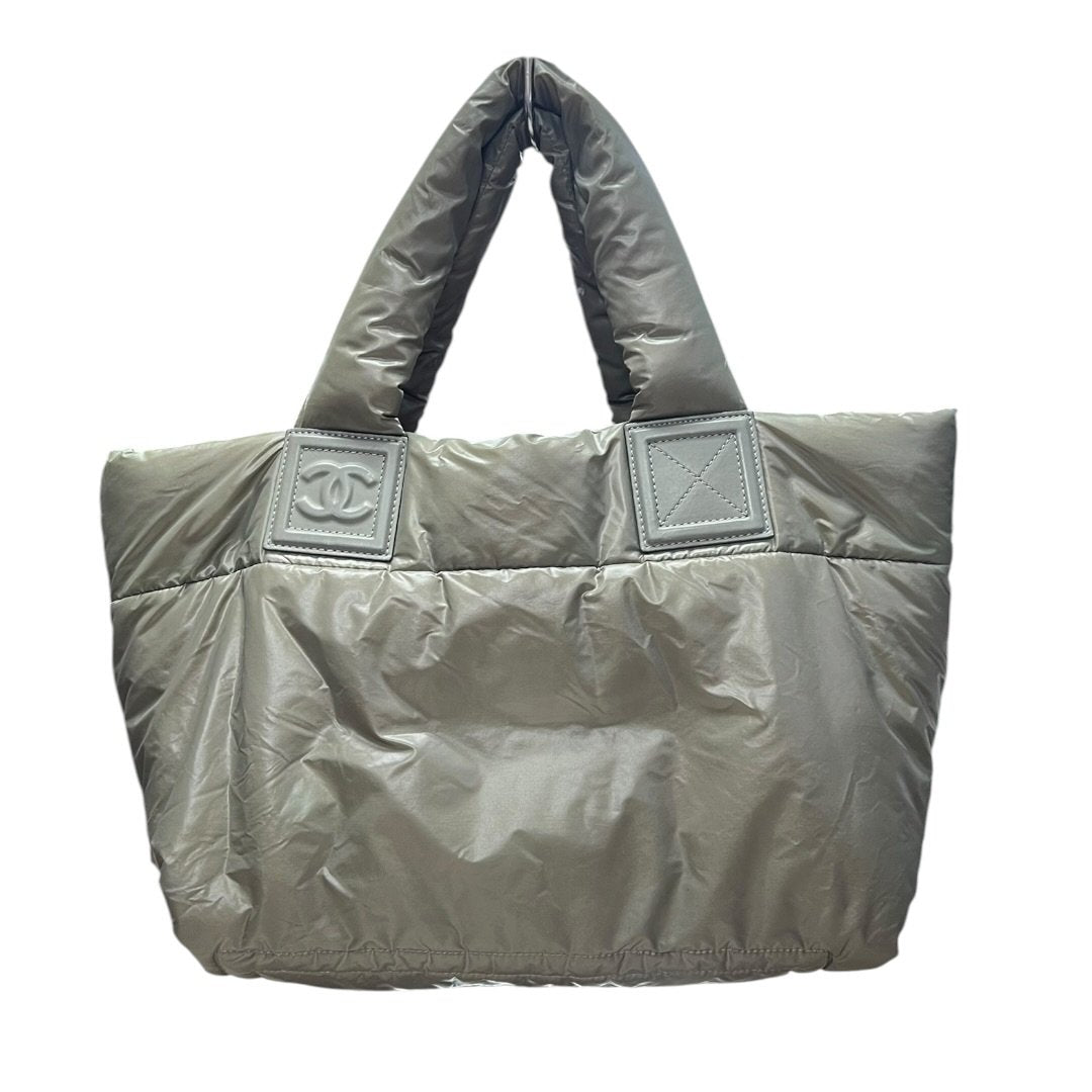 CHANEL Padded Nylon Coco Cocoon Tote Bag Khaki (exterior) / Burgundy (interior) Silver Hardware | Authentic Pre-Owned Luxury