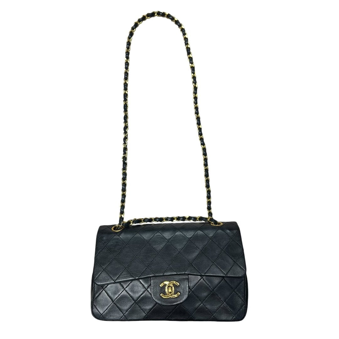 CHANEL Lambskin Classic Flap Bag Black with Burgundy Lining Gold Hardware - front