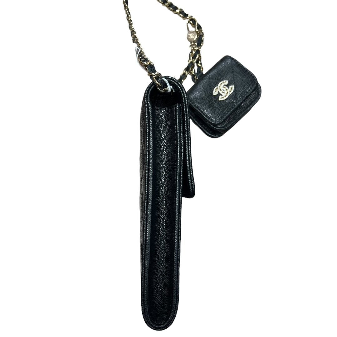 CHANEL Caviar Phone Holder with Airpods Pouch Crossbody Bag Black Crystal-embellished Gold Hardware | Authentic Pre-Owned Luxury