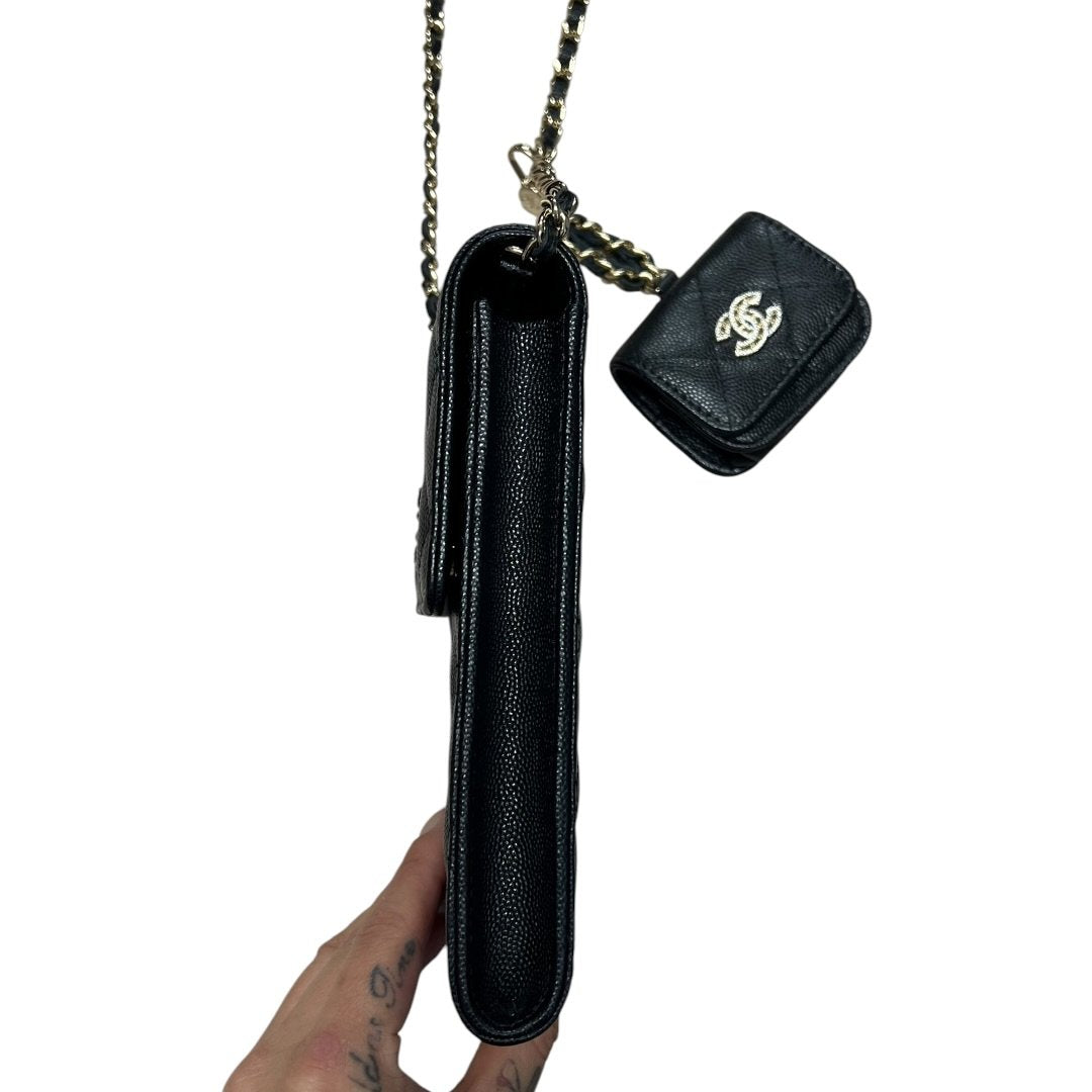 CHANEL Caviar Phone Holder with Airpods Pouch Crossbody Bag Black Crystal-embellished Gold Hardware | Authentic Pre-Owned Luxury