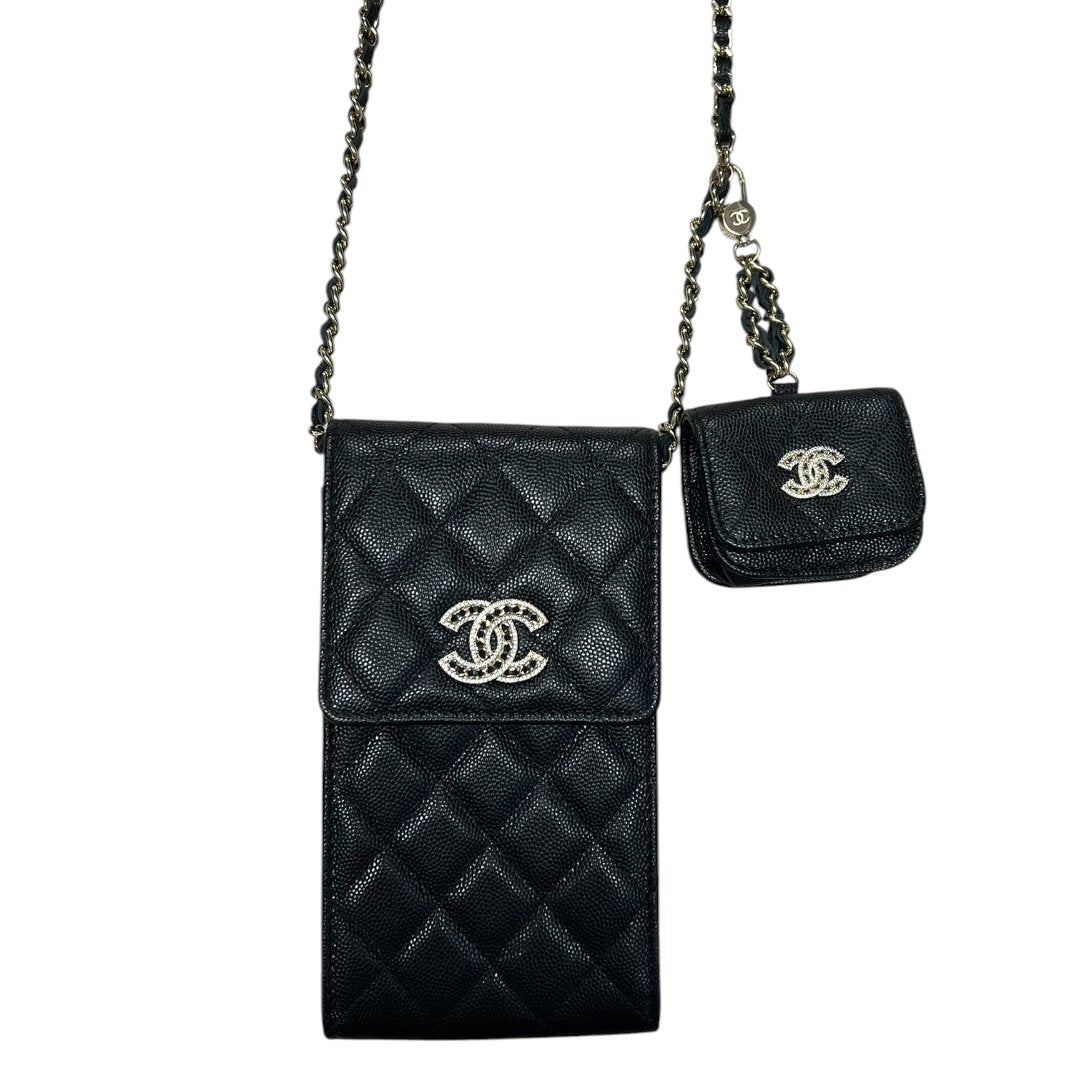 CHANEL Caviar Phone Holder with Airpods Pouch Crossbody Bag Black Crystal-embellished Gold Hardware | Authentic Pre-Owned Luxury