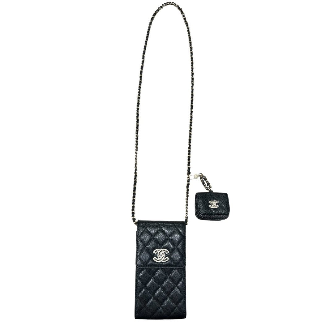 CHANEL Caviar Phone Holder with Airpods Pouch Crossbody Bag Black Crystal-embellished Gold Hardware | Authentic Pre-Owned Luxury