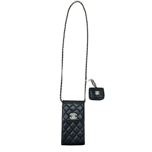 CHANEL Caviar Phone Holder with Airpods Pouch Crossbody Bag Black Crystal-embellished Gold Hardware | Authentic Pre-Owned Luxury